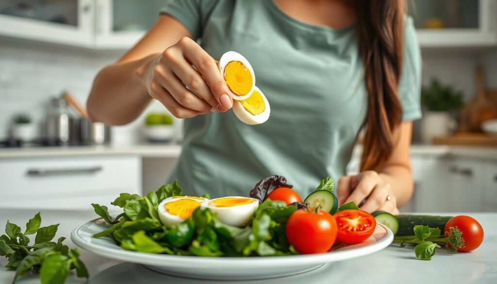 Woman preparing boiled eggs and vegetables for the Boiled Egg Diet Woman preparing boiled eggs and vegetables for the Boiled Egg Diet
