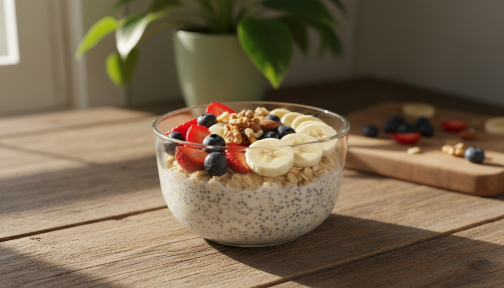 A beautifully arranged bowl of overnight oats sits in the foreground, showcasing layers of creamy oats soaked overnight, dotted with chia seeds. The bowl is filled with a vibrant mix of fresh, colorful fruits like sliced strawberries, blueberries, and banana. A sprinkle of nuts adds texture on top. The setting features a rustic wooden table, gently illuminated by warm, natural sunlight coming from a nearby window, casting soft shadows that enhance the inviting mood. In the background, blurred kitchen elements like a potted plant and cutting board create a homely atmosphere. The composition should evoke a sense of health, warmth, and comfort, ideal for a heart-healthy breakfast. The photograph should be taken from a slightly elevated angle, focusing on the bowl and its delightful contents, ensuring no text or watermarks are present.