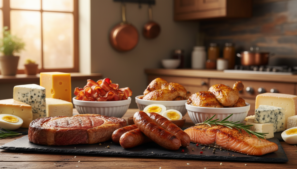 A beautifully arranged display of a carnivore diet spread, emphasizing various high-protein foods. In the foreground, place a large, succulent steak alongside grilled sausages and a perfectly cooked salmon fillet. In the middle, include a rustic wooden table adorned with bowls of bacon strips, chicken thighs, and a variety of fresh cheeses. The background should feature a softly blurred kitchen setting, with warm, ambient lighting streaming in from a nearby window, creating a welcoming atmosphere. The colors should be rich and vibrant, highlighting the meats' textures, with a focus on showcasing the freshness of the ingredients. Capture it with a shallow depth of field to draw attention to the food while retaining a cozy, inviting feel.