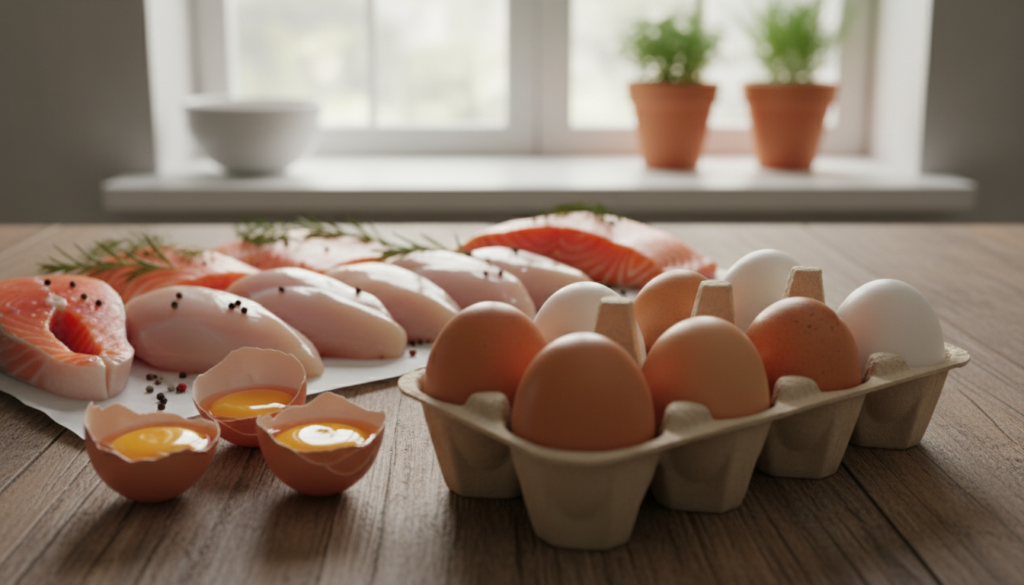 A beautifully arranged display of various animal products, showcasing eggs, chicken breasts, and slices of salmon on a rustic wooden table. In the foreground, a dozen eggs in a carton, with rich brown and white hues and a few cracked open, revealing golden yolks. The middle layer features neatly sliced chicken breast and vibrant pink salmon fillets garnished with fresh herbs. In the background, a blurred kitchen setting with warm natural sunlight filtering through a window, casting soft shadows and creating a homely atmosphere. The image captures a fresh, wholesome vibe, emphasizing the concept of moderation in meat consumption. Utilize a shallow depth of field to focus on the food items, accentuating their textures and colors.