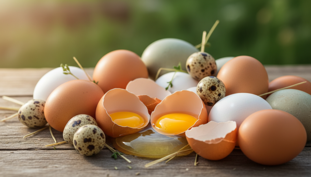 A close-up view of a variety of eggs arranged artfully on a rustic wooden table. The foreground features different types of eggs, including chicken, quail, and duck eggs, showcasing their unique textures and colors. In the middle, gently cracked eggshells reveal the rich, golden yolks inside, hinting at their nutritional value. The background includes soft-focus greenery, suggesting a farm environment with natural lighting pouring in from the side, creating a warm and inviting atmosphere. A shallow depth of field emphasizes the eggs, while the lens captures the intricate details of the surfaces, including tiny speckles and the glossy sheen. The overall mood is wholesome and earthy, perfect for illustrating the essence of flexitarian protein choices.