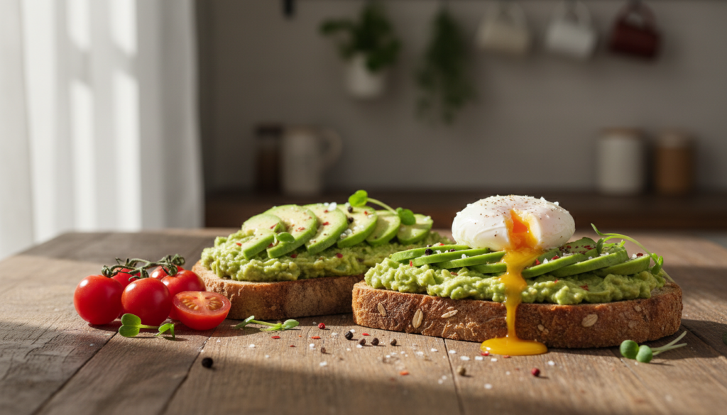 A delicious serving of avocado toast prominently displayed on a rustic wooden table, featuring thick slices of whole-grain bread generously topped with creamy avocado spread. Vibrant green avocado slices are artfully arranged, sprinkled with a pinch of sea salt, freshly cracked black pepper, and a hint of red pepper flakes for a dash of color. On top, a perfectly poached egg sits, with its yolk slightly oozing, enhancing the visual appeal. Nearby, fresh cherry tomatoes and microgreens add pops of color and freshness. Soft, natural light filters through a nearby window, casting gentle shadows and creating a warm, inviting atmosphere. The background is softly blurred, enhancing the focus on the toast, with hints of a cozy kitchen environment. The mood is wholesome and appetizing, perfect for a healthy breakfast scene.