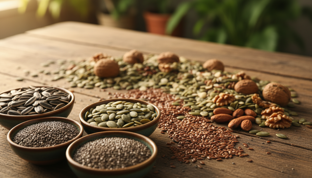 A variety of seeds spread across a rustic wooden table, featuring sunflower seeds, pumpkin seeds, chia seeds, and flaxseeds, with a handful of mixed nuts such as almonds and walnuts interspersed for contrast. In the foreground, the seeds are arranged in small, decorative bowls, showcasing their textures and colors up close. The middle presents a blurred background of lush green leaves, suggesting a natural and healthy environment. Soft, warm lighting illuminates the scene, casting gentle shadows and highlighting the seeds' unique shapes and patterns. The atmosphere is inviting and nutritious, emphasizing the importance of seeds as high-protein power sources in a flexitarian diet. A macro lens effect enhances the details of the seeds, creating an appealing, vibrant composition.