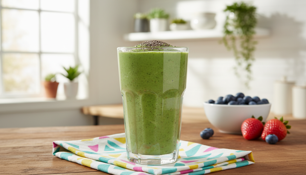 A vibrant dash diet smoothie featuring a blend of fresh spinach, banana, and almond milk, adorned with a sprinkle of chia seeds on top. In the foreground, a clear glass filled with the smoothie sits on a wooden kitchen counter, with a colorful fabric napkin underneath. In the middle ground, a bowl of fresh berries—blueberries and strawberries—are partially visible, adding a pop of color. The background shows a bright, sunlit kitchen with green plants and minimalist decor, creating a fresh and inviting atmosphere. Soft, natural lighting emphasizes the smoothie's creamy texture, while a slight depth of field adds focus to the drink and its healthy ingredients. The overall mood is energizing and healthy, perfect for a quick breakfast option.