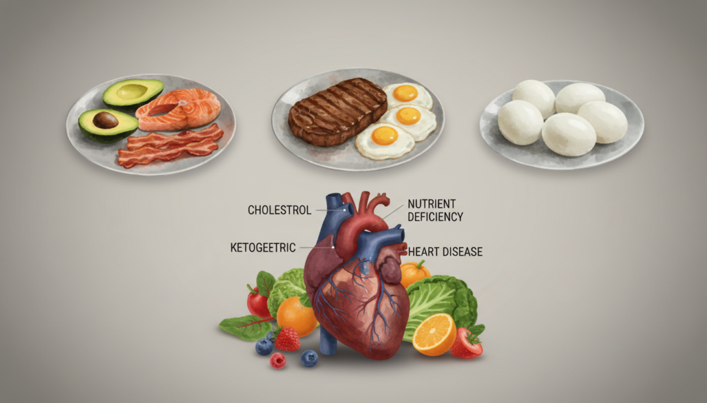 A visually striking and thought-provoking illustration depicting the health risks associated with various diet choices. In the foreground, an anatomical heart with visible arteries, each labeled with potential risks like "cholesterol," "nutrient deficiency," and "heart disease," surrounded by fruits and vegetables with subtle shadows. In the middle ground, a blurred representation of three plates: one with keto foods (avocados, bacon), one with carnivore options (steak, eggs), and one with eggs alone, all artistically arranged to suggest comparison. The background features a neutral-toned gradient, softly lit to create a serious and contemplative mood, emphasizing the weight of making dietary choices. The overall feel is informative and cautionary, inviting viewers to reflect on their health decisions without any distractions or text.