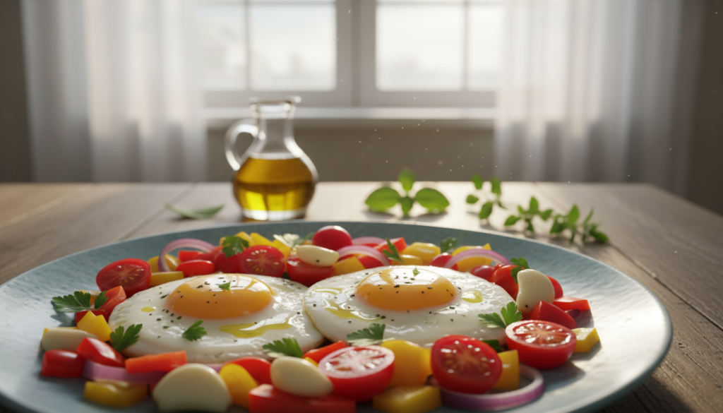 A beautifully arranged Mediterranean breakfast scene featuring a plate of perfectly cooked eggs nestled among vibrant, fresh ingredients. In the foreground, a generous serving of sunny-side-up eggs glistens with olive oil, surrounded by juicy, ripe tomatoes and colorful bell peppers, all finely chopped. Add fresh garlic cloves, lightly sautéed, offering a hint of flavor. The middle ground showcases a rustic wooden table, with a small olive oil bottle and sprigs of fresh herbs — basil or parsley — to enhance the composition. The background features soft, diffused sunlight filtering through a window, creating a warm and inviting atmosphere. The mood should feel fresh, healthy, and vibrant, embodying the essence of a Mediterranean breakfast.