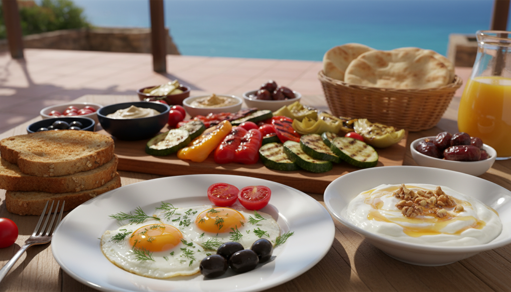 A beautifully arranged Mediterranean breakfast spread featuring eggs as the star ingredient. In the foreground, a plate of perfectly cooked sunny-side-up eggs garnished with fresh herbs, olives, and cherry tomatoes, accompanied by whole grain toast and a bowl of Greek yogurt topped with honey and walnuts. In the middle ground, an array of vibrant Mediterranean vegetables, including bell peppers, zucchini, and artichokes, adds color and texture. The background subtly showcases a sunlit terrace with a view of the Mediterranean Sea, creating a warm and inviting atmosphere. Soft, natural light bathes the scene, enhancing the freshness of the ingredients. The composition is shot from a slightly elevated angle, capturing the richness and healthfulness of a Mediterranean diet breakfast. The overall mood is lively, sunny, and wholesome, perfect for showcasing healthy eating.