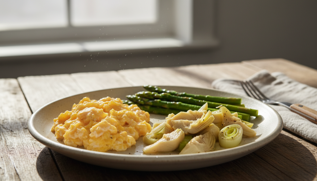 A beautifully arranged breakfast plate featuring perfectly cooked scrambled eggs on one side, showcasing their fluffy texture and golden hue. On the other side, a vibrant medley of prebiotic vegetables, including sliced asparagus, crunchy artichoke hearts, and sautéed leeks, highlighting their bright greens and varied shapes. The foreground captures the food in sharp focus, while a soft-focus background features a rustic wooden table and natural light streaming in from a nearby window, creating a warm and inviting atmosphere. The composition emphasizes the fresh, healthy ingredients to reflect the gut-friendly nature of the meal, inviting the viewer to appreciate the wholesome combination of proteins and fibers.