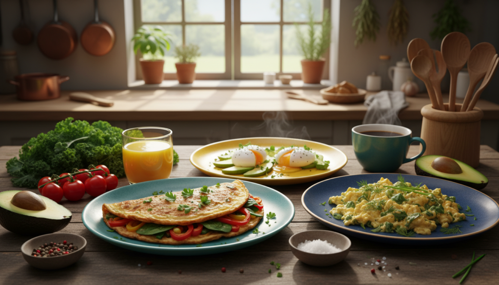 A beautifully arranged breakfast scene featuring a variety of paleo egg dishes, including a fluffy omelet filled with vibrant vegetables, poached eggs atop avocado toast, and scrambled eggs garnished with fresh herbs. In the foreground, a rustic wooden table showcases these dishes on colorful ceramic plates, surrounded by ingredients like ripe tomatoes, leafy greens, and sliced avocados. The middle ground features a well-lit kitchen, with soft, natural sunlight streaming through a window, highlighting the textures of the food. The background contains subtle hints of kitchen utensils and herbs, creating a warm, inviting atmosphere. The overall mood is cheerful and fresh, inviting viewers to try these quick and easy recipes. Capture the scene with a slightly angled perspective to emphasize the delicious spread. A beautifully arranged breakfast scene featuring a variety of paleo egg dishes, including a fluffy omelet filled with vibrant vegetables, poached eggs atop avocado toast, and scrambled eggs garnished with fresh herbs. In the foreground, a rustic wooden table showcases these dishes on colorful ceramic plates, surrounded by ingredients like ripe tomatoes, leafy greens, and sliced avocados. The middle ground features a well-lit kitchen, with soft, natural sunlight streaming through a window, highlighting the textures of the food. The background contains subtle hints of kitchen utensils and herbs, creating a warm, inviting atmosphere. The overall mood is cheerful and fresh, inviting viewers to try these quick and easy recipes. Capture the scene with a slightly angled perspective to emphasize the delicious spread.