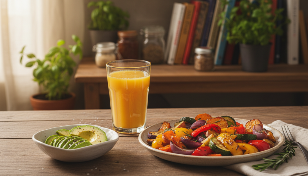 A beautifully arranged breakfast scene featuring various paleo breakfast sides on a rustic wooden table. In the foreground, display colorful roasted vegetables like bell peppers, sweet potatoes, and zucchini, artfully arranged on a light, textured plate. To the side, a small bowl of ripe avocado slices drizzled with olive oil. In the middle, a glass of fresh orange juice, glistening in the soft morning light. The background hints at a cozy kitchen setting with blurred shelves filled with cookbooks and fresh herbs. Soft, warm sunlight filters through a window, casting gentle shadows and creating a cheerful, inviting atmosphere perfect for a healthy start to the day. Use a shallow depth of field to focus on the foreground, enhancing the freshness of the rustic breakfast sides. A beautifully arranged breakfast scene featuring various paleo breakfast sides on a rustic wooden table. In the foreground, display colorful roasted vegetables like bell peppers, sweet potatoes, and zucchini, artfully arranged on a light, textured plate. To the side, a small bowl of ripe avocado slices drizzled with olive oil. In the middle, a glass of fresh orange juice, glistening in the soft morning light. The background hints at a cozy kitchen setting with blurred shelves filled with cookbooks and fresh herbs. Soft, warm sunlight filters through a window, casting gentle shadows and creating a cheerful, inviting atmosphere perfect for a healthy start to the day. Use a shallow depth of field to focus on the foreground, enhancing the freshness of the rustic breakfast sides.
