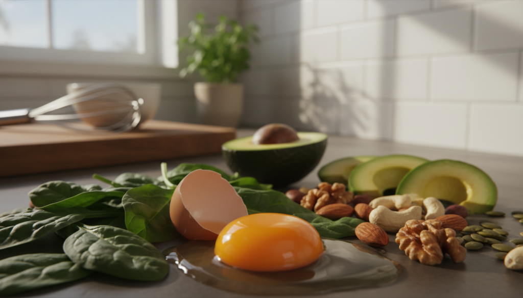 A beautifully arranged composition focusing on the nutrient-rich elements found in eggs, featuring a cracked open egg in the foreground with a smooth, golden yolk glistening in the light. Surround the egg with vibrant choline-rich ingredients such as fresh spinach, avocados, and a scattering of nuts. In the middle ground, softly blurred, include a wooden cutting board and kitchen utensils to convey a homely cooking atmosphere. In the background, a bright kitchen setting with natural light streaming through a window, casting gentle shadows. Employ a warm color palette to evoke feelings of nourishment and health, and use a shallow depth of field to keep the focus on the egg and nutrients. The overall mood should be inviting and informative, enhancing the theme of brain health and nutrition.