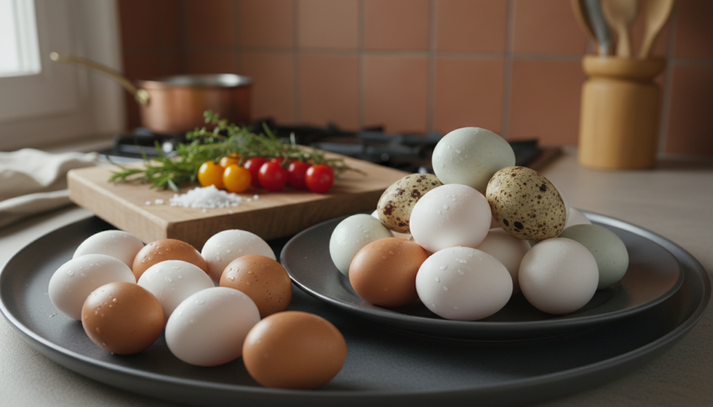 A beautifully arranged display of freshly boiled eggs, the centerpiece showcasing a variety of eggs in their natural, unpeeled state. In the foreground, focus on a dozen perfectly round, white, and brown eggs, glistening under soft natural light, with delicate shadows enhancing their texture. The middle ground features a rustic wooden cutting board adorned with fresh herbs, salt, and a handful of cherry tomatoes, complementing the eggs. In the background, a blurred kitchen setting hints at a home cooking environment, with warm lighting and soft, inviting colors. The overall atmosphere is cozy and inviting, making the viewer feel inspired to cook and enjoy a healthy diet centered around eggs.