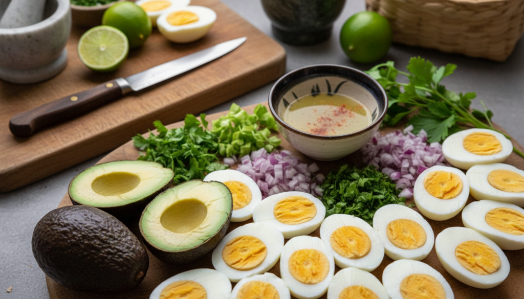 A beautifully arranged display of ingredients for Guacamole-Inspired Avocado Deviled Eggs. In the foreground, vibrant avocados cut in half, showcasing their creamy green flesh, alongside freshly boiled eggs, halved to reveal the yolk. Scattered around are finely chopped herbs like cilantro and parsley, and diced red onion, adding pops of color. In the middle, a bowl filled with zesty lime juice and spices like cumin and paprika, emphasizing the flavor profile. The background features a wooden cutting board and rustic kitchen elements, enhancing a warm, inviting atmosphere. Soft, natural lighting illuminates the scene from above, casting gentle shadows that create depth. The angle is slightly overhead, allowing for a clear, appealing view of the ingredients, enticing and fresh.