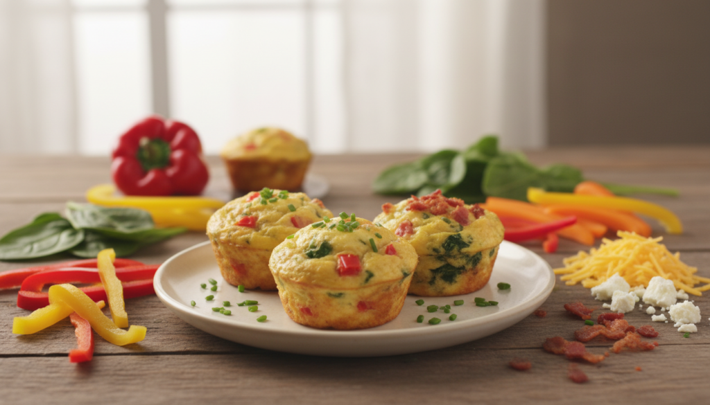 A beautifully arranged display of low-carb egg muffins on a rustic wooden table, showcasing various flavors with vibrant colors. In the foreground, three perfectly baked egg muffins are placed on a light-colored ceramic plate, garnished with fresh herbs like parsley and chives. The middle ground features an assortment of ingredients used in preparing these muffins, such as colorful bell peppers, spinach, cheese, and bacon bits, artistically scattered around. In the background, soft natural light streams in from a window, casting a warm glow that enhances the inviting atmosphere. The overall feel is cozy and homey, perfect for a kitchen setting. The image captures the essence of healthy, delicious cooking, ideal for inspiring viewers to create their own egg muffins.