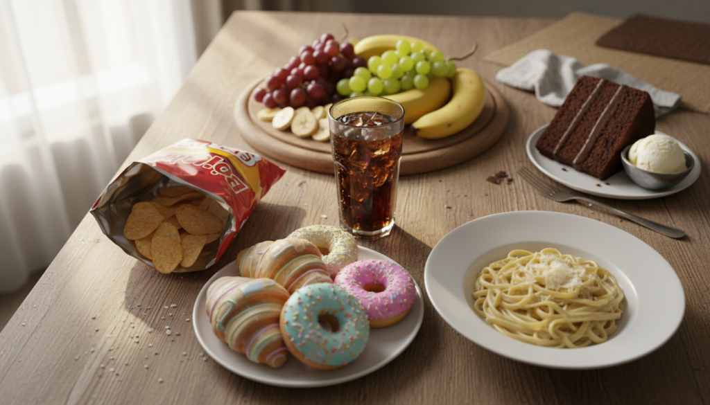 A beautifully arranged flat lay of forbidden foods for the boiled egg diet, showcasing a variety of items to avoid. In the foreground, place colorful sugary pastries, a bowl of rich creamy pasta, a packet of chips, and a glass of soda. In the middle ground, include a fresh fruit platter with bananas and grapes, and decadent desserts like chocolate cake and ice cream. In the background, a rustic wooden table with soft natural lighting creates a warm and inviting atmosphere. Use a shallow depth of field to blur the background slightly, focusing on the unhealthy foods while maintaining a balance of colors and textures. The image conveys a sense of caution and mindfulness about dietary choices, illustrating what to steer clear of on a strict egg plan.