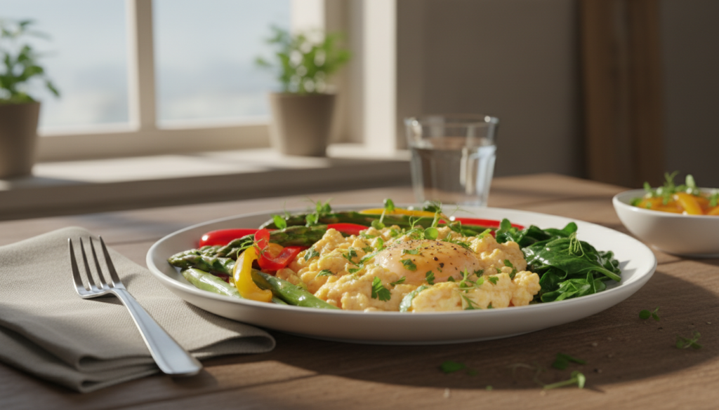 A beautifully arranged gut-friendly breakfast featuring a plate of perfectly cooked scrambled eggs topped with fresh herbs, surrounded by colorful sautéed prebiotic vegetables like asparagus, bell peppers, and spinach. The foreground showcases the vibrant colors of the veggies and eggs, garnished with a sprinkle of black pepper and microgreens. In the middle ground, a wooden table offers a rustic, inviting backdrop, with a soft, white ceramic plate and a fork placed casually beside it. The background fades into a softly lit kitchen scene with warm, natural light streaming through a window, casting gentle shadows. The mood is wholesome and healthy, evoking the idea of a nourishing start to the day, perfect for promoting gut health.