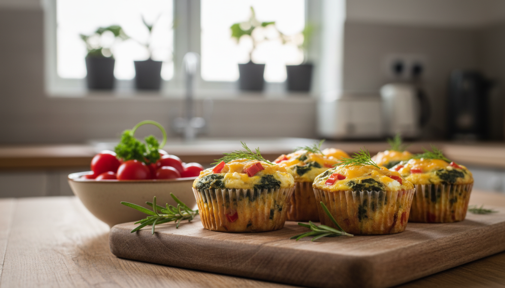 A beautifully arranged keto breakfast setting showcasing low-carb egg muffins. In the foreground, a wooden cutting board holds several colorful muffin cups filled with savory combinations of eggs, spinach, cheese, and bell peppers, garnished with fresh herbs. The middle ground features a rustic kitchen counter adorned with a small bowl of cherry tomatoes and a sprig of parsley. The background displays a softly blurred kitchen with bright, natural light streaming through a window, creating a warm and inviting atmosphere. The overall mood is wholesome and energizing, perfect for a healthy start to the day. Use a close-up angle to emphasize the texture of the muffins, with a shallow depth of field to focus on the foreground details while softly blurring the background.