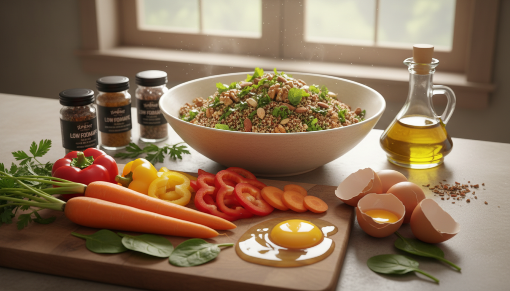 A beautifully arranged kitchen countertop showcasing a variety of low-FODMAP foods and ingredients, with an emphasis on eggs. In the foreground, a wooden cutting board holds sliced vegetables—carrots, bell peppers, and spinach—alongside cracked open eggs, their yolks bright and inviting. The middle section features a vibrant salad bowl filled with quinoa, topped with colorful herbs, nuts, and drizzled with olive oil. In the background, a soft-focus window allows natural light to flood the scene, illuminating the fresh ingredients while creating a warm and welcoming atmosphere. The overall mood is wholesome and nourishing, ideal for conveying balanced nutrition suitable for those with IBS concerns. Photography should capture a slight overhead angle for a thorough view, using warm tones to enhance the inviting feeling.