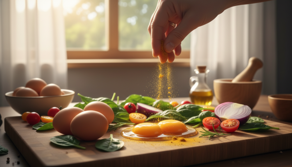 A beautifully arranged kitchen scene showcasing a variety of eggs on a wooden cutting board, surrounded by fresh vegetables such as spinach and tomatoes, symbolizing their anti-inflammatory properties. In the foreground, highlight several eggs with a soft brown shell, with a few cracked open to display their bright yellow yolks. In the middle background, include a chef's hand sprinkling herbs like turmeric and rosemary over the eggs, representing their nutrient-rich benefits. The background features a sunlit window, casting warm, inviting light that enhances the natural colors of the ingredients. Create a calm and optimistic atmosphere, emphasizing health and wellness through vibrant colors and appealing textures.