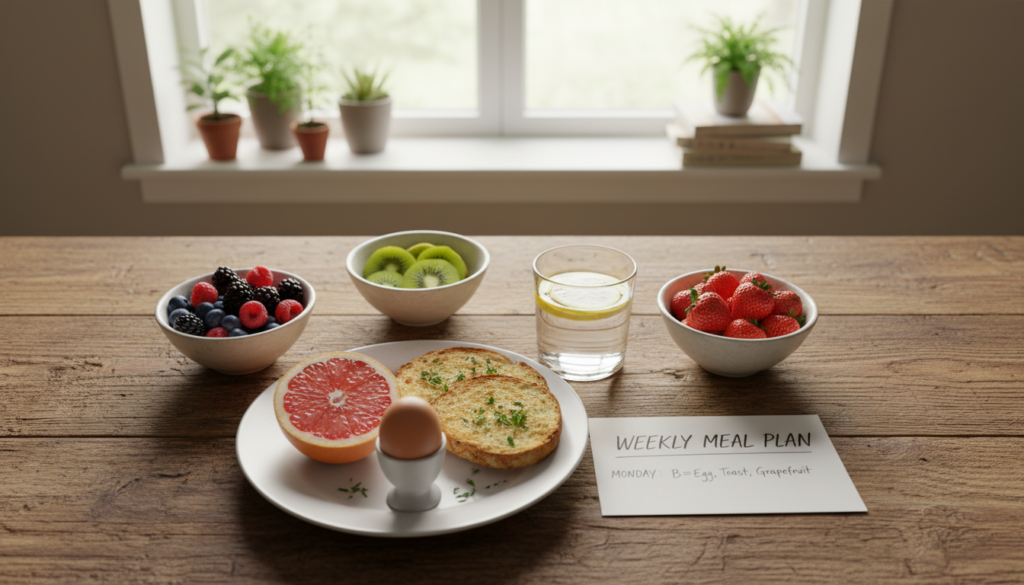 A beautifully arranged meal plan displayed on a wooden dining table, featuring a vibrant breakfast setting with a soft-boiled egg, a freshly cut grapefruit, and whole grain toast garnished with herbs. In the middle ground, a clear glass of water with lemon slices complements the meal. Surrounding the meal plan are small bowls of colorful fruits, such as berries and kiwi, adding freshness to the scene. The background showcases a softly lit kitchen, with plants on the windowsill and warm, natural lighting pouring in. The atmosphere is inviting and healthy, emphasizing a simple yet appealing lifestyle choice. The focus is on the meal plan, with an overhead angle capturing the arrangement neatly, while maintaining an overall warm and encouraging vibe.
