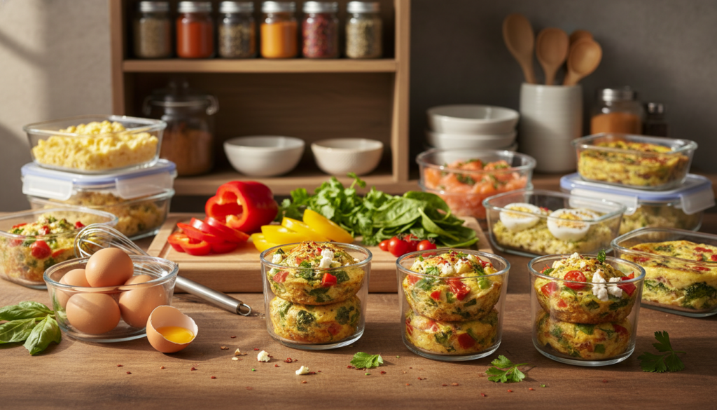 A beautifully arranged meal prep scene featuring an array of low-carb egg dishes in clear glass meal prep containers. In the foreground, focus on three colorful cups filled with a variety of seasoned egg muffins with vegetables, displayed on a clean, rustic wooden kitchen counter. In the middle, showcase a chopping board with fresh ingredients like bell peppers, spinach, and herbs, along with a whisk and eggs, indicating preparation. In the background, softly blurred shelves with jars of spices and kitchen utensils add depth. The lighting is warm and inviting, resembling natural sunlight filtering through a window, creating a cozy atmosphere that emphasizes healthy meal prep. The angle is slightly elevated, capturing the vibrant colors and textures of the food, inviting viewers into a healthy cooking experience.