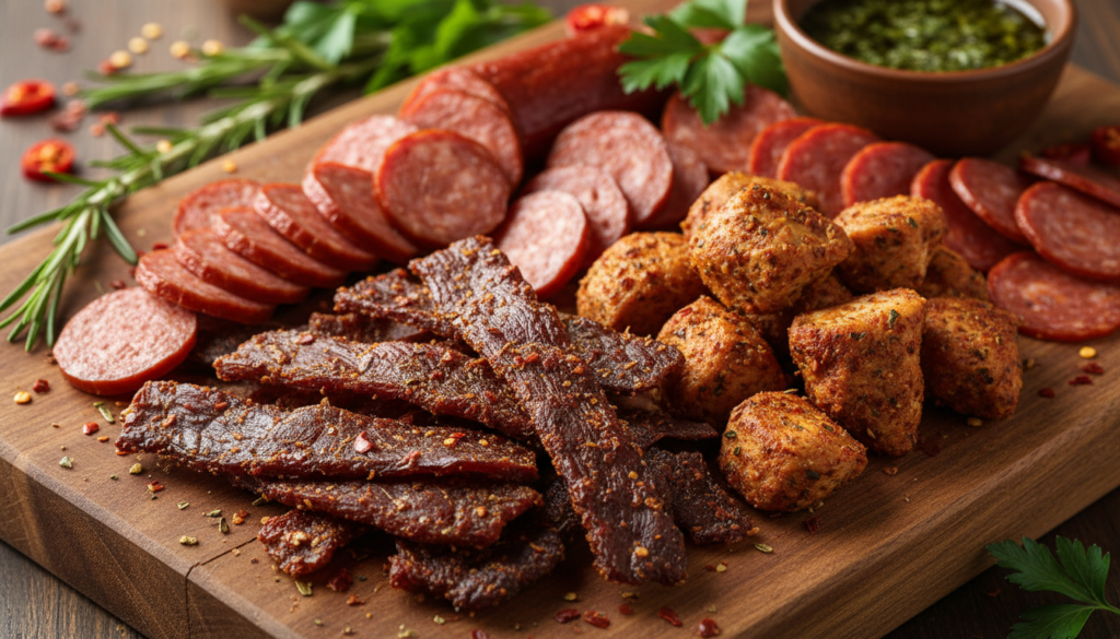 A beautifully arranged meat snack platter showcasing an assortment of high-protein, low-carb options. In the foreground, highlight crispy beef jerky strips and savory chicken bites, glistening with spices. In the middle ground, include mouth-watering slices of smoked sausage and pepperoni arranged artfully on a rustic wooden board. The background features a subtle soft-focus of green herbs and rustic garnishes to enhance the freshness of the snacks. Soft, natural lighting illuminates the scene, casting gentle shadows to create depth, while a slightly elevated angle captures the texture and details of the meats. The mood is inviting and energizing, perfect for health-conscious snackers looking for delicious options. A beautifully arranged meat snack platter showcasing an assortment of high-protein, low-carb options. In the foreground, highlight crispy beef jerky strips and savory chicken bites, glistening with spices. In the middle ground, include mouth-watering slices of smoked sausage and pepperoni arranged artfully on a rustic wooden board. The background features a subtle soft-focus of green herbs and rustic garnishes to enhance the freshness of the snacks. Soft, natural lighting illuminates the scene, casting gentle shadows to create depth, while a slightly elevated angle captures the texture and details of the meats. The mood is inviting and energizing, perfect for health-conscious snackers looking for delicious options.