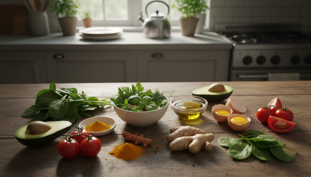 A beautifully arranged overhead shot of various anti-inflammatory ingredients suitable for egg breakfasts. In the foreground, vibrant foods like avocados, spinach, turmeric, ginger, and tomatoes are artfully displayed on a rustic wooden table. The middle ground features a bowl of mixed herbs, a small dish of olive oil, and cracked eggs, highlighting the focus on fresh, wholesome ingredients. In the background, a softly lit kitchen setting adds warmth and invites a cozy atmosphere. The lighting is natural, with soft shadows creating depth, captured with a slight tilt to emphasize layers of food. The overall mood is fresh, inviting, and health-oriented, perfect for illustrating smart ingredient swaps in egg recipes.