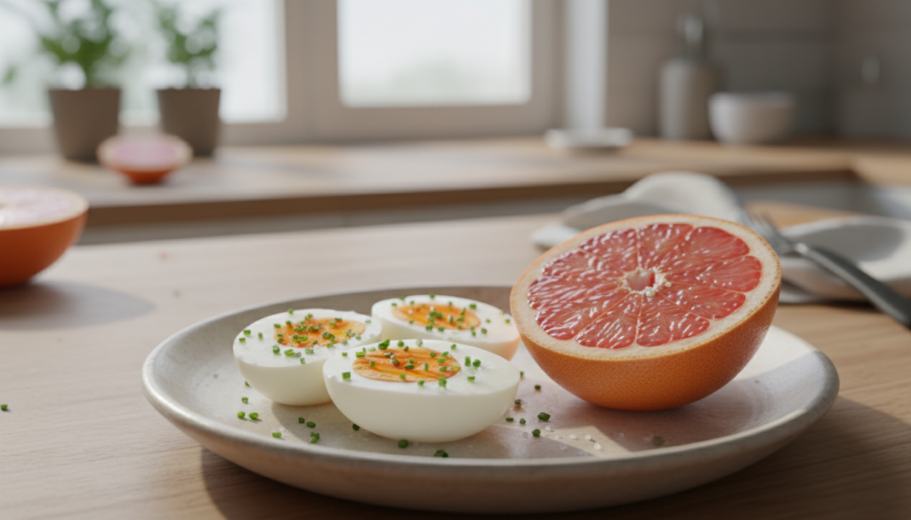 A beautifully arranged plate of boiled eggs with a vibrant grapefruit half, showcasing the simplicity of a healthy meal. The foreground features three perfectly boiled eggs, sliced in half to reveal their creamy yolks, garnished with a sprinkle of salt and fresh herbs. The middle ground contains a bright, juicy grapefruit with a glossy surface, cut into wedges. The background is softly blurred, incorporating a light kitchen setting with natural wooden textures and gentle sunlight streaming from a nearby window, creating a warm and inviting atmosphere. The image captures an essence of freshness and health, emphasizing a nutritious lifestyle focused on boiled eggs and grapefruit.