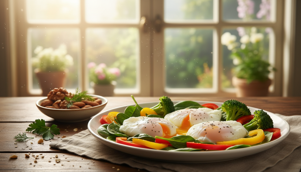 A beautifully arranged plate of freshly cooked eggs, showcasing their natural golden yolks and soft whites, sits prominently in the foreground. Surrounding the eggs are vibrant, colorful vegetables like spinach and bell peppers, emphasizing a healthy meal. The middle ground features a small bowl of choline-rich foods like walnuts and a sprinkle of herbs, symbolizing nutritional richness. In the background, soft, warm natural light filters through a kitchen window, casting a gentle glow that enhances the inviting atmosphere. The setting conveys a sense of tranquility and wellness, with a rustic wooden table adding to the homey feel. The image should be rich in color and texture, capturing the essence of balance and nourishment, while evoking a positive and uplifting mood.