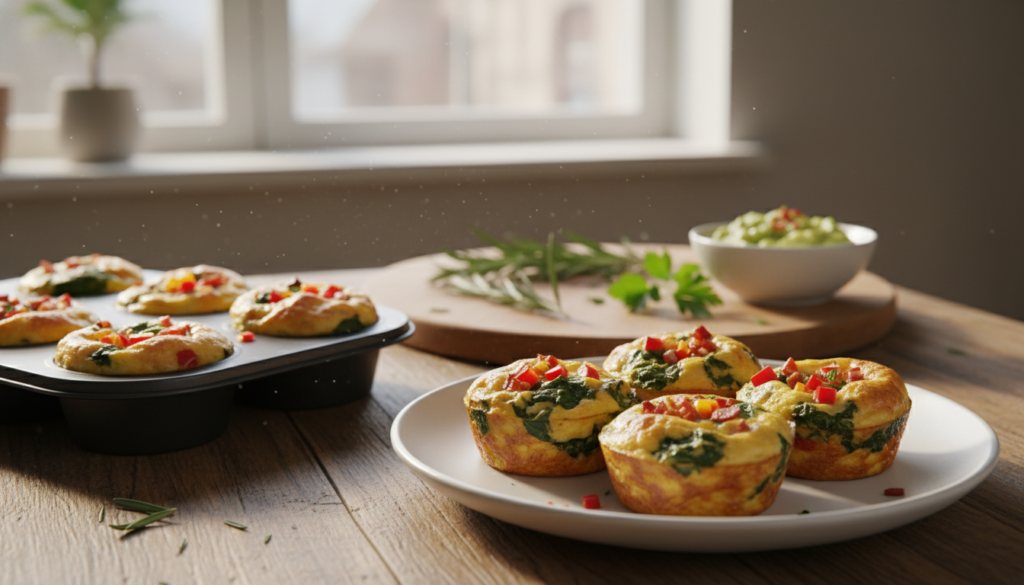 A beautifully arranged plate of keto egg cups sits at the forefront, showcasing a variety of vibrant ingredients such as spinach, diced bell peppers, and crumbled bacon. Each egg cup is perfectly baked in a muffin tin, displaying a golden-brown top and delicate texture. In the middle ground, a rustic wooden table adds warmth, with a cutting board scattered with fresh herbs and a small bowl of avocado on the side. The background features soft, natural lighting pouring in through a nearby window, creating an inviting and homey kitchen atmosphere. The overall mood is energizing yet comforting, ideal for busy days, encouraging healthier eating choices. Shot from a slightly elevated angle to capture the depth and colors, ensuring the focus remains on the delicious low-carb option.