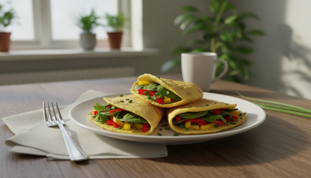 A beautifully arranged plate of two-ingredient paleo breakfast egg wraps, elegantly presented on a rustic wooden table. The wraps are golden-yellow and slightly curled at the edges, filled with colorful vegetables like spinach and bell peppers, accented by hints of fresh herbs. In the foreground, a fork is delicately placed beside the wraps, emphasizing the inviting nature of the meal. Soft, natural lighting illuminates the scene, creating a warm and inviting atmosphere. A blurred kitchen background hints at a cozy cooking environment, with light shadows cast by nearby plants. The composition should evoke a sense of freshness and simplicity, showcasing the ease of preparing a healthy breakfast. Capture this from a slightly elevated angle to highlight the wraps' textures and colors. A beautifully arranged plate of two-ingredient paleo breakfast egg wraps, elegantly presented on a rustic wooden table. The wraps are golden-yellow and slightly curled at the edges, filled with colorful vegetables like spinach and bell peppers, accented by hints of fresh herbs. In the foreground, a fork is delicately placed beside the wraps, emphasizing the inviting nature of the meal. Soft, natural lighting illuminates the scene, creating a warm and inviting atmosphere. A blurred kitchen background hints at a cozy cooking environment, with light shadows cast by nearby plants. The composition should evoke a sense of freshness and simplicity, showcasing the ease of preparing a healthy breakfast. Capture this from a slightly elevated angle to highlight the wraps' textures and colors.