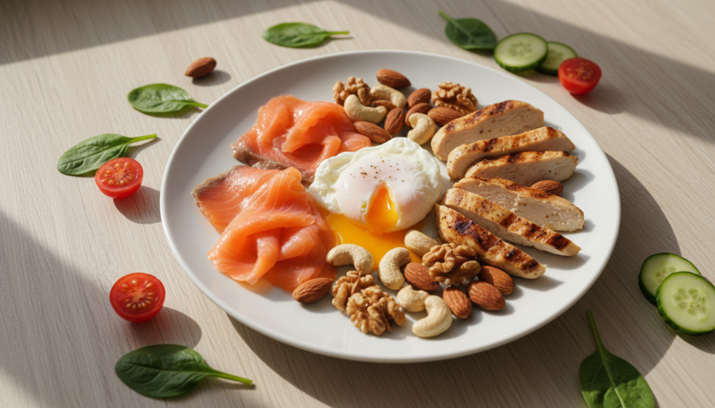 A beautifully arranged plate of various protein-rich foods, prominently featuring a beautifully cooked egg with a golden yolk, surrounded by slices of smoked salmon, grilled chicken breast, and a sprinkle of mixed nuts. In the background, a light wooden dining table adds warmth to the scene, complemented by fresh vegetables like spinach and cherry tomatoes, creating a visually appealing contrast. Soft, natural light filters in from the left, casting gentle shadows that enhance the textures of the food. The angle is slightly elevated to capture the vibrancy of the ingredients while maintaining a clean and minimalist aesthetic. The mood is nutritious and inviting, ideal for promoting a healthy lifestyle. No text or logos are included in the image.