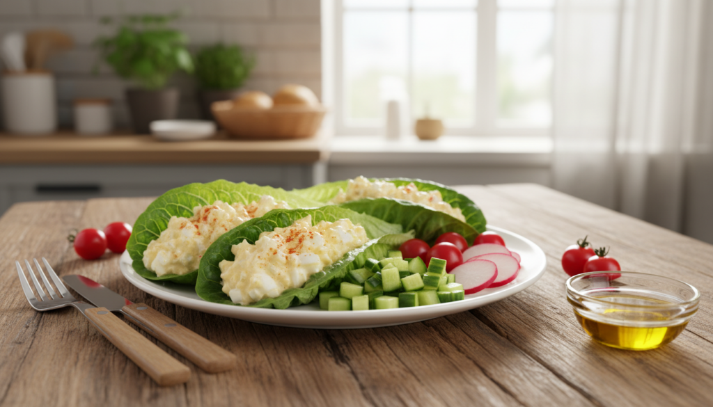 A beautifully arranged plate showcasing low carb meal ideas featuring Healthy Egg Salad Lettuce Wraps. In the foreground, vibrant green romaine lettuce leaves neatly wrapped around a creamy egg salad made with chopped hard-boiled eggs, mayonnaise, and a sprinkle of paprika. Surrounding the wraps, fresh diced cucumbers, cherry tomatoes, and thinly sliced radishes add color and texture. In the middle ground, utensils and a small bowl of olive oil dressing enhance the presentation, and a rustic wooden table lends warmth. The background features a softly blurred kitchen setting with natural light streaming in, creating a fresh and inviting atmosphere. The overall mood is healthy and appetizing, perfect for meal prep inspiration. A beautifully arranged plate showcasing low carb meal ideas featuring Healthy Egg Salad Lettuce Wraps. In the foreground, vibrant green romaine lettuce leaves neatly wrapped around a creamy egg salad made with chopped hard-boiled eggs, mayonnaise, and a sprinkle of paprika. Surrounding the wraps, fresh diced cucumbers, cherry tomatoes, and thinly sliced radishes add color and texture. In the middle ground, utensils and a small bowl of olive oil dressing enhance the presentation, and a rustic wooden table lends warmth. The background features a softly blurred kitchen setting with natural light streaming in, creating a fresh and inviting atmosphere. The overall mood is healthy and appetizing, perfect for meal prep inspiration.