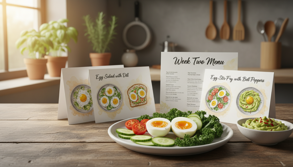 A beautifully arranged presentation of a "Week Two Menu" for the boiled egg diet laid out on a rustic wooden table. In the foreground, a large, white plate features a perfectly boiled egg cut in half, revealing its lovely yellow yolk, surrounded by vibrant, colorful vegetables like cherry tomatoes, cucumbers, and leafy greens. In the middle section, there are open recipe cards showing detailed, colorful illustrations of various meals, such as egg salad, egg and avocado toast, and an egg stir-fry. In the background, a soft-focus kitchen setting with fresh herbs in pots and cooking utensils, bathed in warm, natural light to create an inviting, healthy atmosphere. The overall mood is encouraging and energizing.