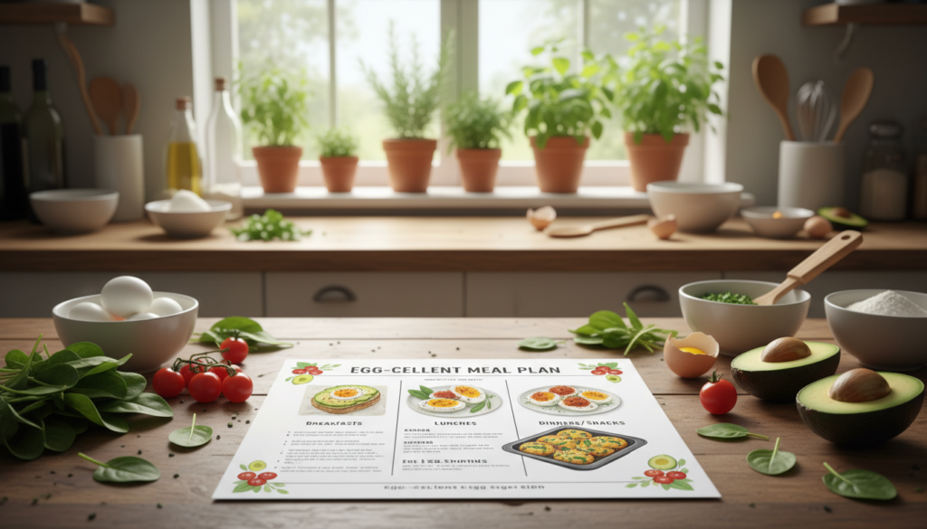 A beautifully arranged printable meal plan featuring boiled egg recipes, laid out on a wooden table. In the foreground, a neatly designed meal plan sheet with colorful illustrations of boiled egg dishes like avocado egg salad, deviled eggs, and egg muffins, surrounded by fresh vegetables like spinach and tomatoes. The middle section includes a cozy kitchen setting with soft, natural light filtering through a window, highlighting kitchen utensils and bowls filled with ingredients. In the background, a succulent herb garden adds a touch of greenery. The overall atmosphere is inviting and nutritious, conveying a sense of health and culinary creativity, presented in a clean, modern style perfect for a meal planning guide. A beautifully arranged printable meal plan featuring boiled egg recipes, laid out on a wooden table. In the foreground, a neatly designed meal plan sheet with colorful illustrations of boiled egg dishes like avocado egg salad, deviled eggs, and egg muffins, surrounded by fresh vegetables like spinach and tomatoes. The middle section includes a cozy kitchen setting with soft, natural light filtering through a window, highlighting kitchen utensils and bowls filled with ingredients. In the background, a succulent herb garden adds a touch of greenery. The overall atmosphere is inviting and nutritious, conveying a sense of health and culinary creativity, presented in a clean, modern style perfect for a meal planning guide.