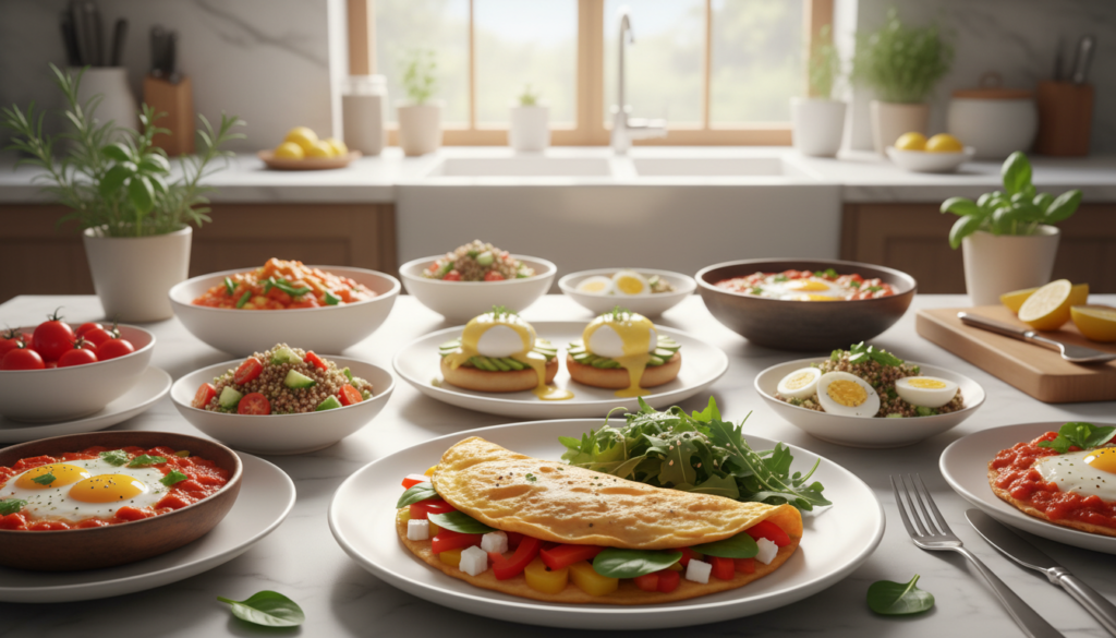 A beautifully arranged table filled with a variety of colorful, nutritious egg-based meals that reflect mix-and-match options. In the foreground, focus on a plate featuring a fluffy omelet filled with vibrant bell peppers, spinach, and feta cheese, accompanied by a side of mixed greens dressed lightly with olive oil. In the middle, showcase a selection of smaller dishes, including eggs benedict with avocado, a quinoa salad with hard-boiled eggs, and a bowl of savory shakshuka. The background should have soft, natural lighting filtering through a window, creating a warm and inviting atmosphere. The setting is a modern kitchen with white countertops and fresh herbs in pots, suggesting a healthy lifestyle. The overall mood is bright, cheerful, and encouraging, perfect for promoting nutritious eating habits.
