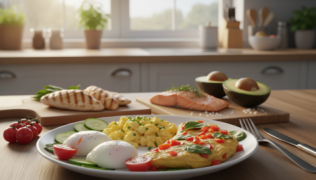 A beautifully arranged table showcasing an egg diet meal plan. In the foreground, a plate of various egg dishes including poached eggs, scrambled eggs, and a baked omelet filled with vibrant bell peppers and spinach. Surrounding the plate, fresh vegetables like tomatoes and cucumbers add color. In the middle, a variety of protein-rich foods like grilled chicken and salmon, as well as healthy fats such as avocado, are carefully displayed. The background features a soft-focus kitchen setting, with natural light streaming in through a window, creating a warm, inviting atmosphere. The image conveys a sense of health and wellness, encouraging viewers to embrace nutritious choices in their diet.