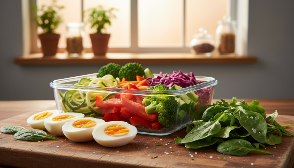 A beautifully organized meal prep scene focused on boiled eggs and vibrant greens. In the foreground, a section of neatly peeled boiled eggs, cut in half to reveal their bright yellow yolks, arranged appealingly on a rustic wooden cutting board. Surrounding the eggs, a variety of fresh greens like spinach and arugula, glistening with a light drizzle of olive oil. In the middle ground, a glass meal prep container filled with a colorful medley of chopped vegetables, showcasing a healthy diet vibe. The background features a softly lit kitchen setting with warm light filtering through a window, creating a cozy and inviting atmosphere. The overall mood should evoke a sense of simplicity and freshness, ideal for meal prep while encouraging a healthy lifestyle.