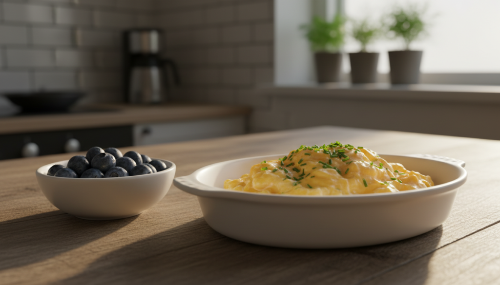 A beautifully plated breakfast featuring fluffy scrambled eggs, garnished with fresh herbs, and a side of vibrant blueberries. In the foreground, the eggs should be presented in an elegant white dish, showcasing their rich golden color and creamy texture. Nestled beside them, a small bowl of plump, juicy blueberries adds a burst of deep indigo. The middle ground should include a rustic wooden table, with soft morning light streaming in, illuminating the meal and casting gentle shadows. In the background, a blurred kitchen scene conveys a cozy and inviting atmosphere, with hints of greenery from potted herbs. The overall mood should evoke warmth and tranquility, suggesting a nourishing start to the day. A beautifully plated breakfast featuring fluffy scrambled eggs, garnished with fresh herbs, and a side of vibrant blueberries. In the foreground, the eggs should be presented in an elegant white dish, showcasing their rich golden color and creamy texture. Nestled beside them, a small bowl of plump, juicy blueberries adds a burst of deep indigo. The middle ground should include a rustic wooden table, with soft morning light streaming in, illuminating the meal and casting gentle shadows. In the background, a blurred kitchen scene conveys a cozy and inviting atmosphere, with hints of greenery from potted herbs. The overall mood should evoke warmth and tranquility, suggesting a nourishing start to the day.
