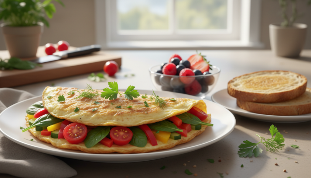 A beautifully plated fibre omelet, vibrant with chopped prebiotic vegetables like spinach, bell peppers, and tomatoes, garnished with fresh herbs. In the foreground, the omelet is fluffy and golden-brown, showcasing a slight sheen from light olive oil. The middle ground features a small bowl of mixed berries for a pop of color and a side of whole grain toast, emphasizing a wholesome breakfast. The background is a soft-focus kitchen setting, warmly lit by natural sunlight streaming through a window, creating an inviting atmosphere. The angle is a slightly elevated overhead shot, capturing the freshness and appeal of the dish, making it the focal point of a nutritious breakfast.