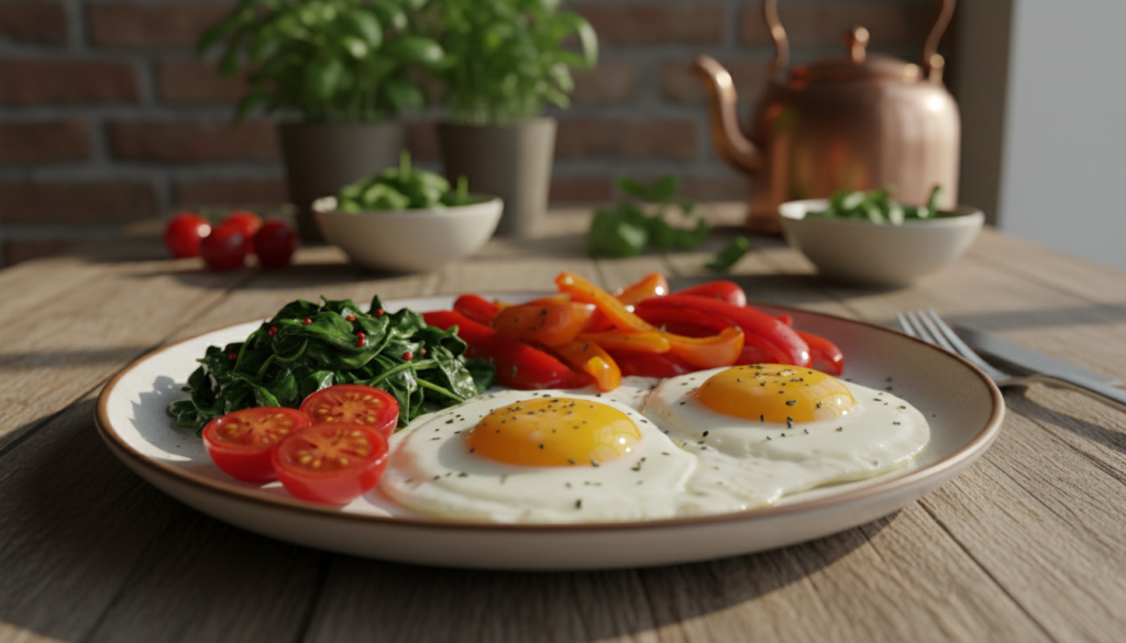 A beautifully plated serving of fried eggs, cooked to perfection with bright yellow yolks and creamy whites, dominating the foreground. Surrounding the eggs are colorful sides, including sautéed spinach, cherry tomatoes, and roasted bell peppers, creating a vibrant tableau that suggests a satisfying meal. A wooden table provides a natural texture in the middle ground, enhancing the homey feel. In the background, softly blurred herbs and a hint of a rustic kitchen setting add depth, illuminated by warm, inviting lighting that evokes a cozy dinner atmosphere. The perspective captures the dish from a slight angle for an appetizing view, emphasizing the delicious, healthy elements of the plate.