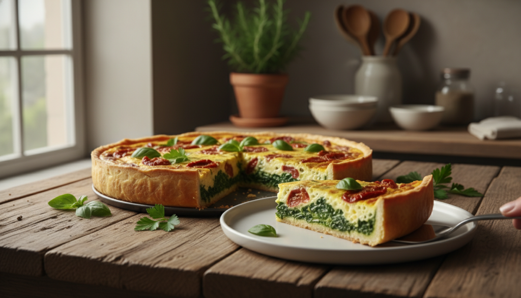 A beautifully presented crustless quiche on a rustic wooden table, featuring vibrant layers of spinach, sun-dried tomatoes, and a golden, fluffy egg filling. The quiche is garnished with fresh herbs like basil and parsley, enhancing its colorful appearance. In the foreground, there’s a slice being served on a stylish white plate, showcasing the texture and ingredients. Soft, natural lighting filters in from a nearby window, casting gentle shadows and highlighting the freshness of the food. In the background, a cozy kitchen setting with blurred kitchen utensils and a potted herb plant adds warmth and a homey ambiance. The overall mood is inviting and appetizing, perfect for brunch, lunch, or dinner. A beautifully presented crustless quiche on a rustic wooden table, featuring vibrant layers of spinach, sun-dried tomatoes, and a golden, fluffy egg filling. The quiche is garnished with fresh herbs like basil and parsley, enhancing its colorful appearance. In the foreground, there’s a slice being served on a stylish white plate, showcasing the texture and ingredients. Soft, natural lighting filters in from a nearby window, casting gentle shadows and highlighting the freshness of the food. In the background, a cozy kitchen setting with blurred kitchen utensils and a potted herb plant adds warmth and a homey ambiance. The overall mood is inviting and appetizing, perfect for brunch, lunch, or dinner.