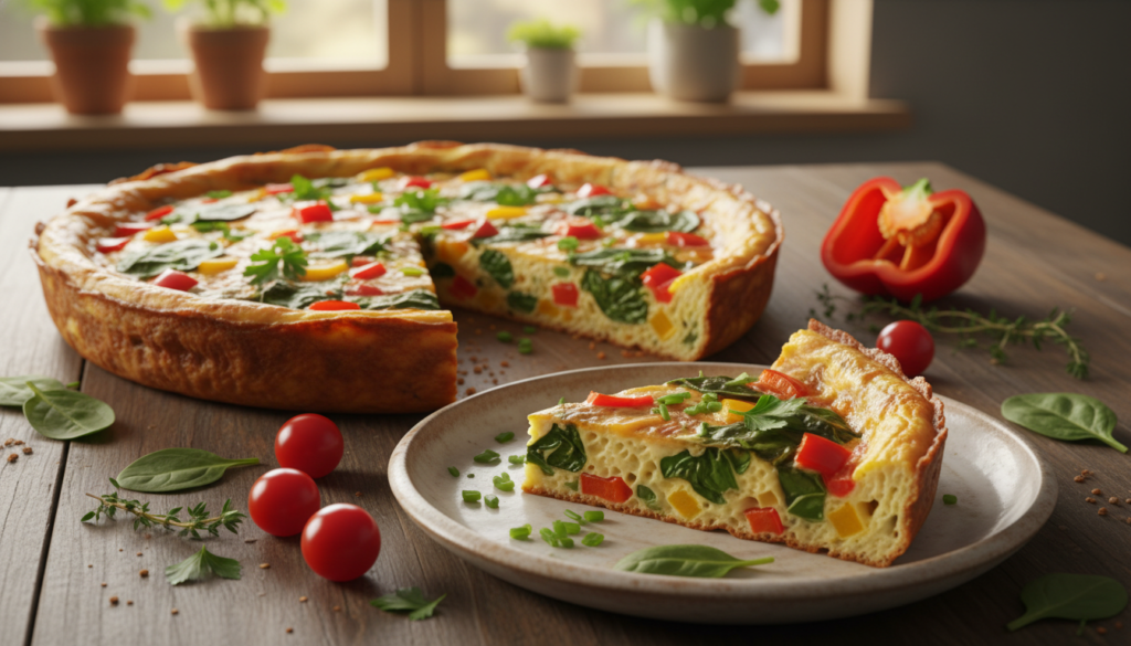 A beautifully presented frittata, bursting with colors and textures, sits on a rustic wooden table. The dish is golden brown with a slight crisp on the edges, featuring a mix of sautéed vegetables like bell peppers, spinach, and onions peeking through. The frittata is garnished with fresh herbs like parsley and chives, adding a pop of green. In the foreground, a ceramic plate holds a slice of the frittata, revealing its fluffy interior. The background softly blurs, featuring a kitchen scene with warm, natural light streaming through a window, creating an inviting atmosphere. A few scattered fresh vegetables and a sprig of herbs complement the scene, evoking a sense of healthy, home-cooked goodness. The camera captures the frittata from a slightly elevated angle to emphasize its layers.