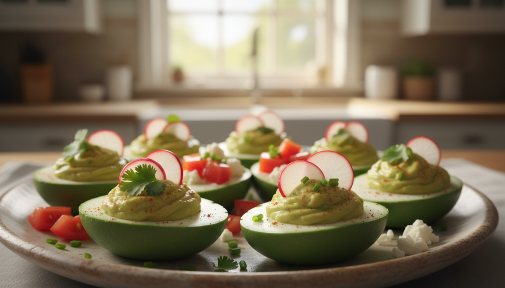 A beautifully styled platter of avocado deviled eggs, arranged elegantly. The eggshells, vibrant green with creamy avocado filling, are garnished with a sprinkle of paprika and thin slices of radish for contrast. In the foreground, a couple of deviled eggs are artfully garnished with fresh herbs like cilantro and chives. The middle ground features additional variations, such as diced tomatoes and crumbled feta cheese delicately placed beside the eggs. In the background, a soft-focus kitchen with natural sunlight streaming through a window creates a warm, inviting atmosphere. The lighting is soft and diffused, highlighting the creamy texture of the avocado filling. The composition is shot at a slight angle to emphasize the layers and details of each egg, evoking a sense of freshness and culinary creativity.