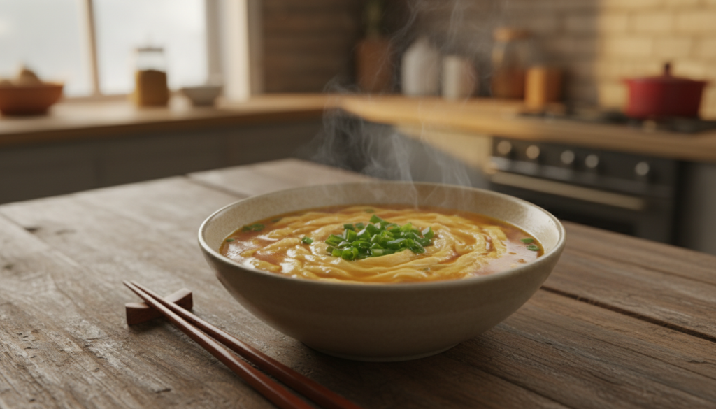 A bowl of delicious egg drop soup with a silky, golden broth, featuring gently swirled, fluffy egg ribbons and fresh green scallions sprinkled on top. The soup is placed elegantly on a rustic wooden table, with a pair of chopsticks resting beside it. In the background, a soft-focus kitchen setting is lit with warm, diffused lighting, creating a cozy atmosphere. The image captures the steam rising from the bowl, adding a sense of warmth and inviting comfort. The scene is framed to highlight the soup at a slight angle, emphasizing its texture and color, while maintaining a serene and healthy ambiance suitable for a lighter evening meal.