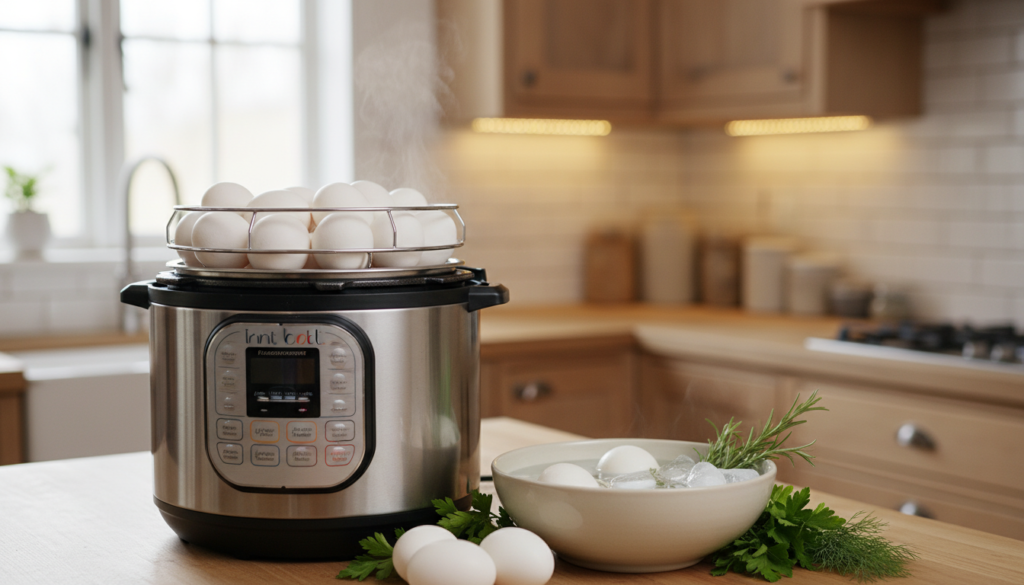 A bright, inviting kitchen scene featuring an Instant Pot in the foreground, filled with perfectly boiled eggs, ready to be served. The Instant Pot is sleek and modern, shiny metallic surface reflecting soft, diffused natural light coming from a nearby window. In the middle ground, there is a bowl of ice water with some ice cubes visible, surrounded by fresh herbs, giving a fresh and vibrant feel. In the background, a cozy kitchen ambiance with soft-focus wooden cabinets and a gentle warmth from ambient lighting. The atmosphere is calm and homey, evoking a sense of culinary comfort and satisfaction. The camera angle is slightly elevated, capturing a top-down view of the setup, emphasizing the methodical arrangement of ingredients to demonstrate the high-pressure cooking technique.