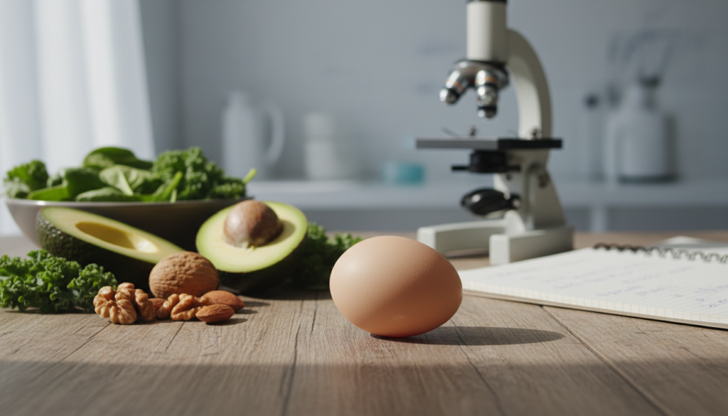 A close-up image of a single freshly laid egg resting on a wooden kitchen countertop, surrounded by brain-healthy foods like nuts, leafy greens, and avocados. In the background, a blurred scientific research setting, featuring an open notebook with hand-written notes and a microscope to imply study and research. Soft natural lighting filters in through a window, casting gentle shadows and highlighting the textures of the egg and surrounding foods. The atmosphere is calm and intellectual, invoking a sense of curiosity about the connection between diet and brain health. The overall composition evokes a warm and inviting mood, suitable for an academic yet approachable discussion about eggs and cognitive function.