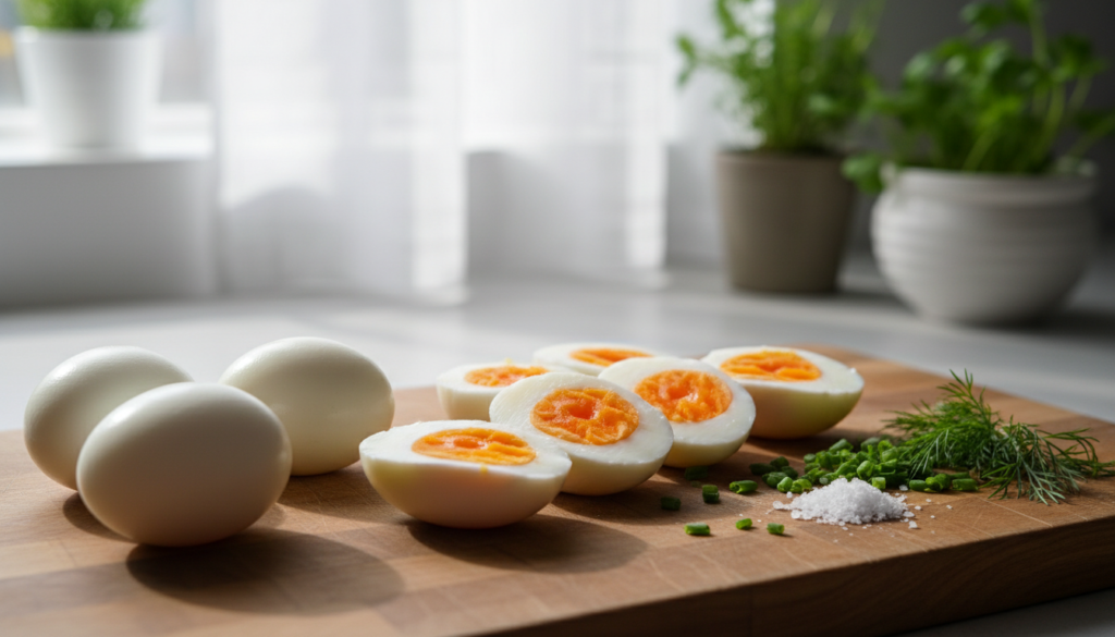 A close-up image of perfectly hard boiled eggs, showcasing their smooth, glossy white shells and vibrant yellow yolks sliced in half. In the foreground, place a few whole hard boiled eggs alongside the halved ones, displaying their ideal peeling results. The middle ground features a wooden cutting board with a sprinkle of sea salt and fresh herbs like dill or chives elegantly arranged. The background is softly blurred, hinting at a bright kitchen setting with natural light streaming in from a window, casting gentle shadows. The atmosphere is fresh and inviting, highlighting the simplicity and appeal of this essential cooking technique. Use a shallow depth of field for emphasis and clarity, creating a warm, homey mood.