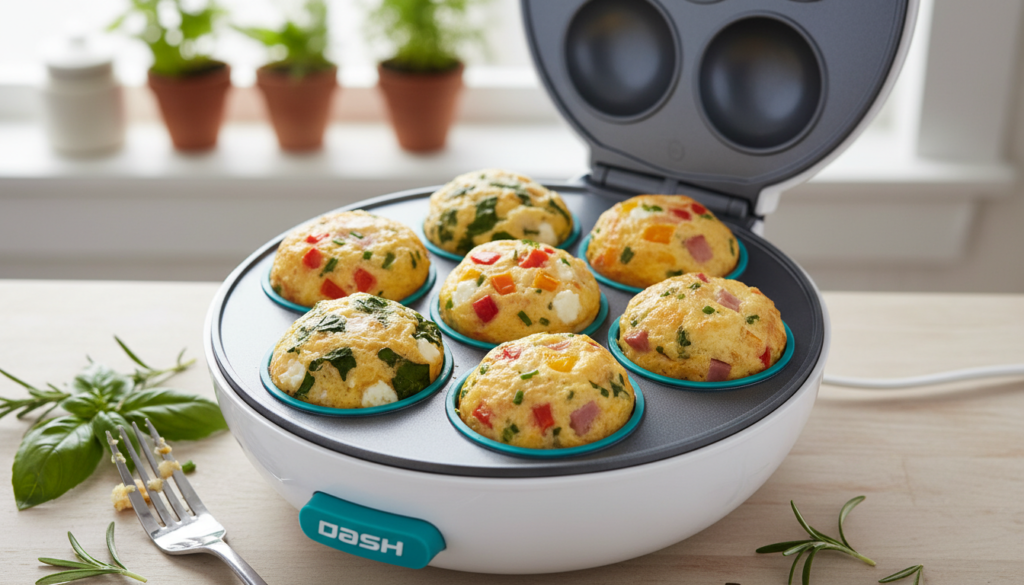 A close-up shot of beautifully arranged egg bites in a Dash Egg Bite Maker, showcasing their vibrant colors and textures. The egg bites are filled with a variety of fresh ingredients like spinach, cheese, and diced bell peppers, each perfectly shaped in their individual silicone molds. The background is softly blurred, featuring a bright and inviting kitchen with natural light streaming in through a window, creating a warm and homely atmosphere. The countertop is adorned with a few herbs and a fork, adding a touch of sophistication. The angle is slightly overhead to capture both the egg bites and the Dash Egg Bite Maker, emphasizing their delicious appeal. The overall mood is cheerful and appetizing, ideal for a cooking feature.