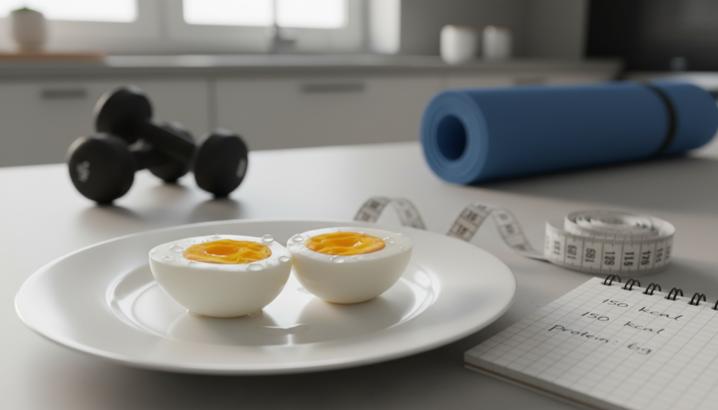 A close-up view of a boiled egg on a white plate, the egg perfectly peeled and halved to reveal the bright yellow yolk glistening in natural sunlight. In the background, a blurred kitchen environment with exercise equipment like dumbbells and a yoga mat, suggesting a connection between diet and fitness. Soft, warm lighting creates an inviting atmosphere, emphasizing the healthy aspects of the boiled egg diet. A measuring tape and a notepad with calorie counts are subtly placed next to the plate, enhancing the theme of calorie deficit. The focus is primarily on the egg, highlighting its nutritional value while the background hints at an active lifestyle. A close-up view of a boiled egg on a white plate, the egg perfectly peeled and halved to reveal the bright yellow yolk glistening in natural sunlight. In the background, a blurred kitchen environment with exercise equipment like dumbbells and a yoga mat, suggesting a connection between diet and fitness. Soft, warm lighting creates an inviting atmosphere, emphasizing the healthy aspects of the boiled egg diet. A measuring tape and a notepad with calorie counts are subtly placed next to the plate, enhancing the theme of calorie deficit. The focus is primarily on the egg, highlighting its nutritional value while the background hints at an active lifestyle.